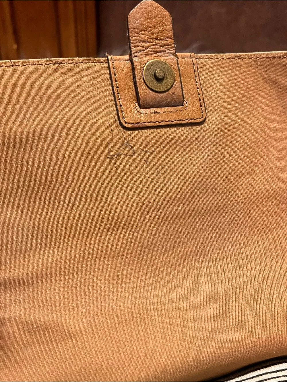 Fossil Tan & Cream Leather  with Striped Canvas Pocket crossbody bag